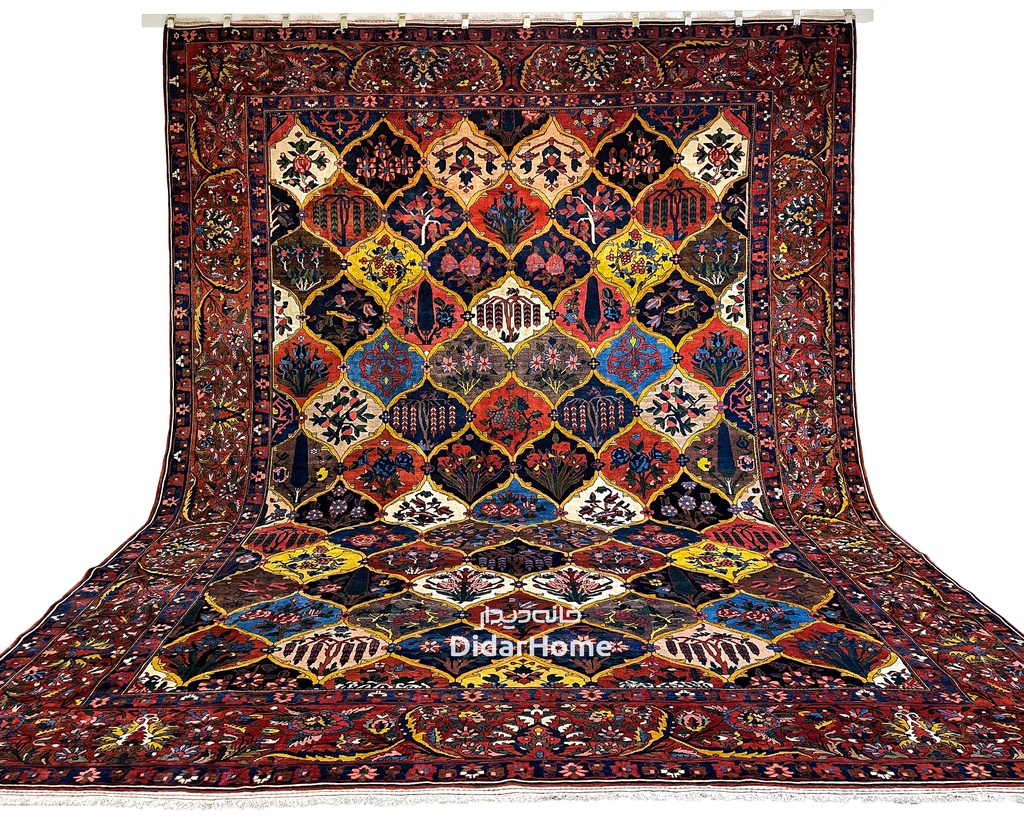 فرش دستباف آنتیک بختیاری طرح قابی بیست متری